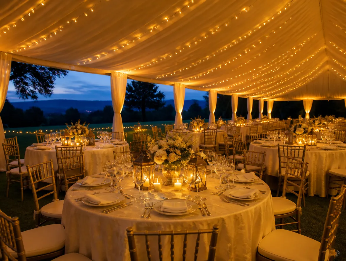 Banquete bajo carpa con mesas redondas, sillas doradas y series de luces